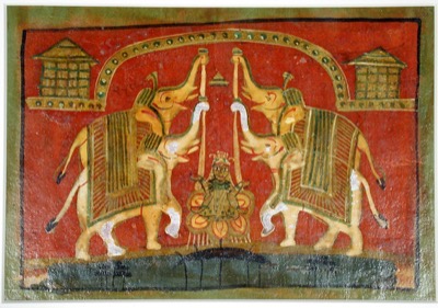 Painting of Lakshmi on a lotus flanked by two elephants